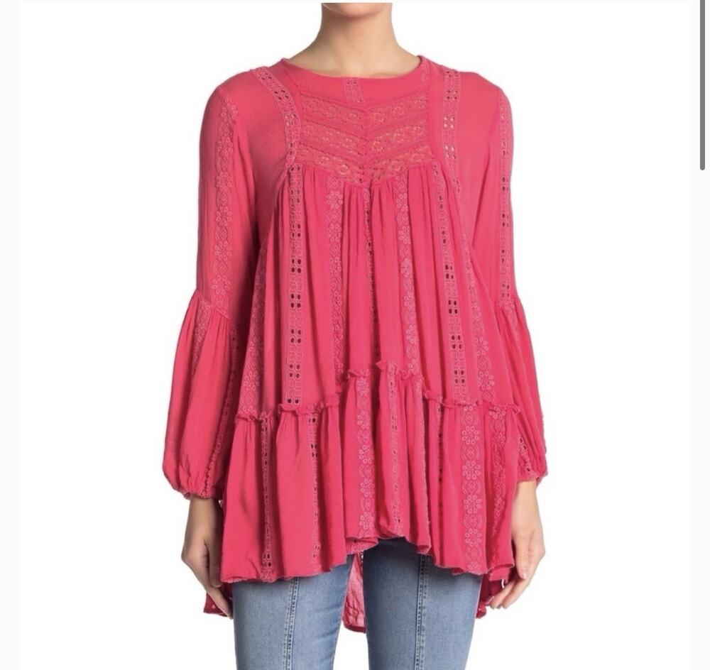 Free People Coral Pink Kiss Kiss Tunic Top Dress Shirt Small Sweetest Dream